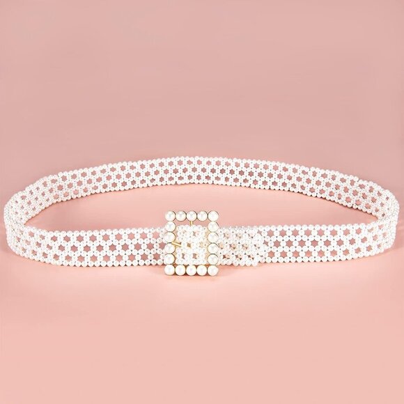 Women’s Pearl Belt Elastic Wedding Sash Crystal Beaded Waist Chain Dress Accesso - Picture 5 of 6